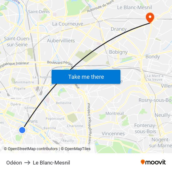 Odéon to Le Blanc-Mesnil map