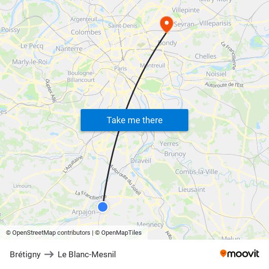 Brétigny to Le Blanc-Mesnil map