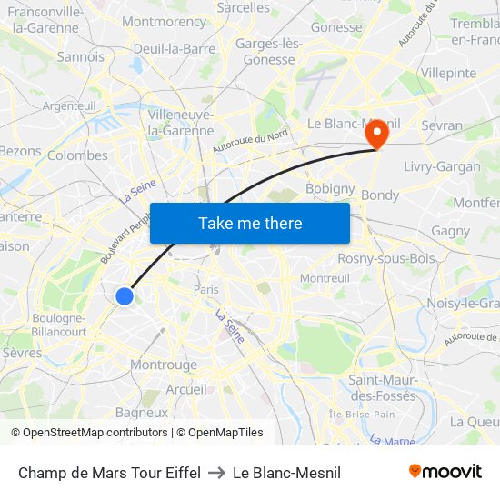 Champ de Mars Tour Eiffel to Le Blanc-Mesnil map