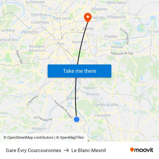 Gare Évry Courcouronnes to Le Blanc-Mesnil map