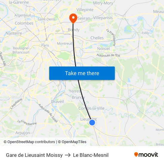 Gare de Lieusaint Moissy to Le Blanc-Mesnil map