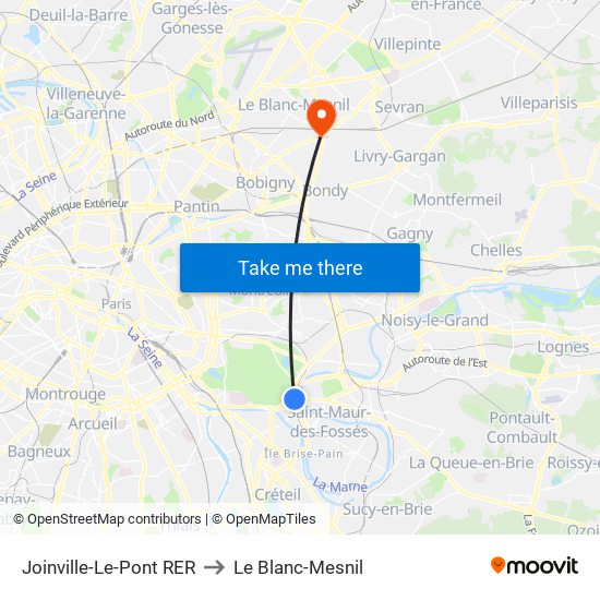 Joinville-Le-Pont RER to Le Blanc-Mesnil map