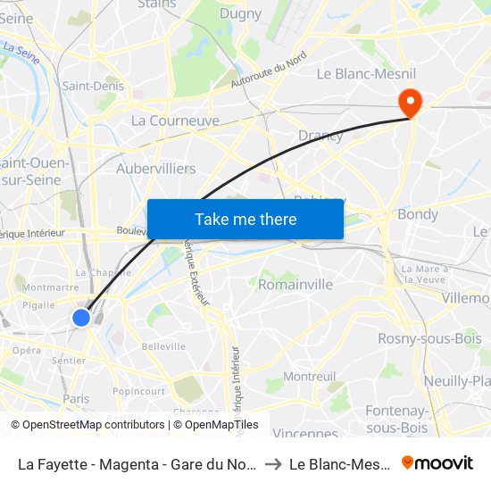 La Fayette - Magenta - Gare du Nord to Le Blanc-Mesnil map
