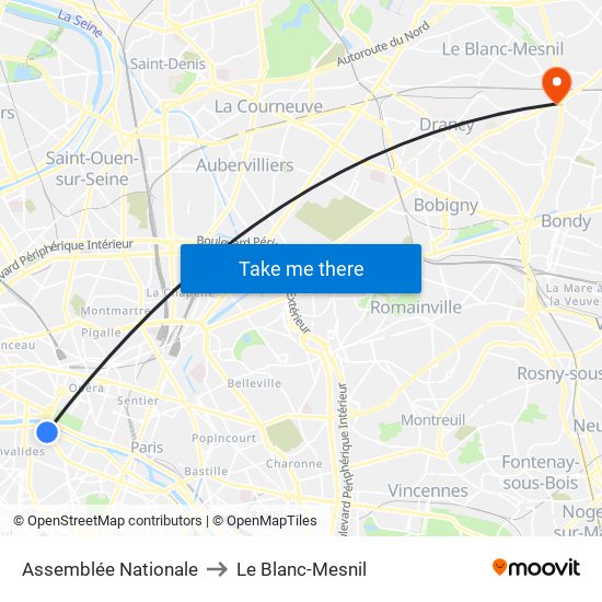 Assemblée Nationale to Le Blanc-Mesnil map