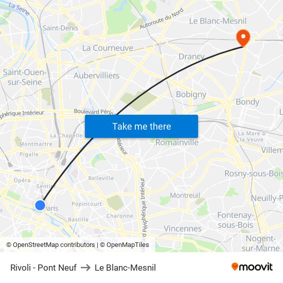 Rivoli - Pont Neuf to Le Blanc-Mesnil map