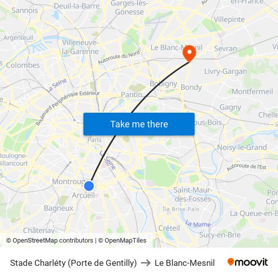 Stade Charléty (Porte de Gentilly) to Le Blanc-Mesnil map