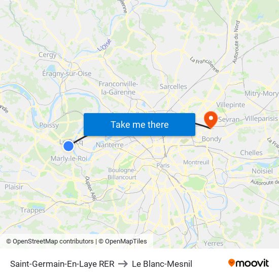 Saint-Germain-En-Laye RER to Le Blanc-Mesnil map
