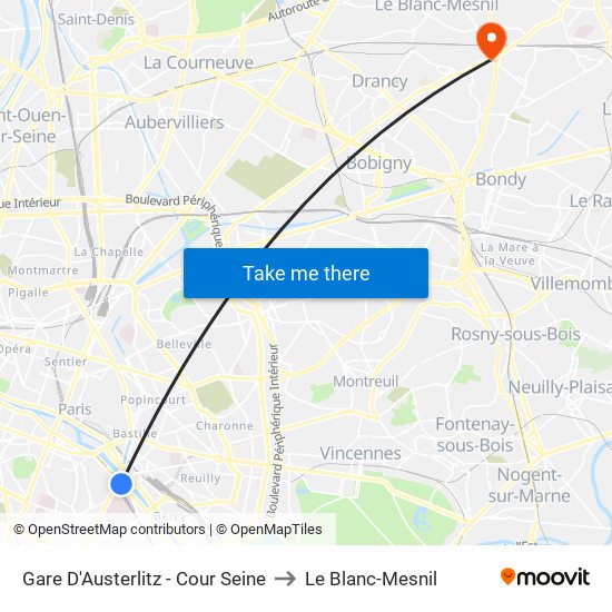 Gare D'Austerlitz - Cour Seine to Le Blanc-Mesnil map
