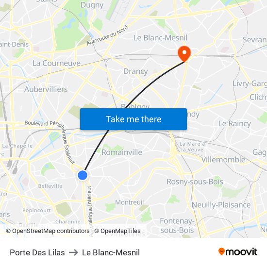 Porte Des Lilas to Le Blanc-Mesnil map
