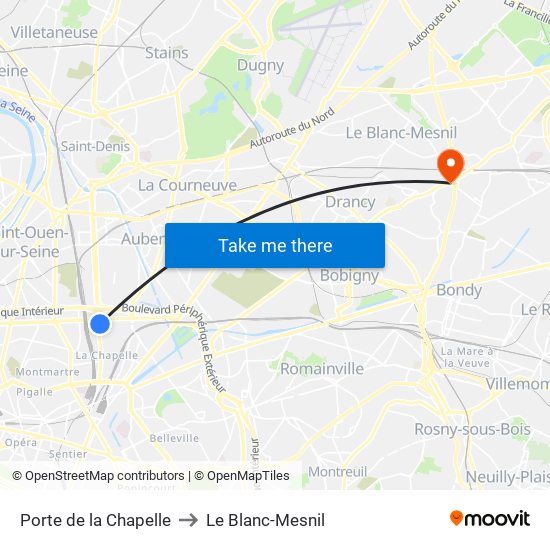 Porte de la Chapelle to Le Blanc-Mesnil map