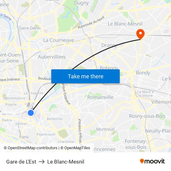 Gare de L'Est to Le Blanc-Mesnil map