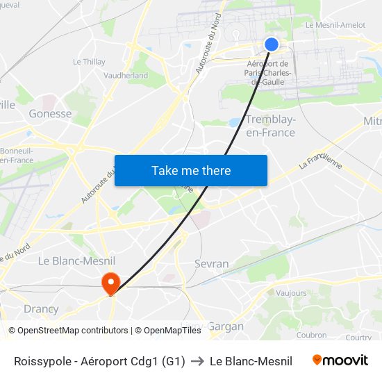 Roissypole - Aéroport Cdg1 (G1) to Le Blanc-Mesnil map