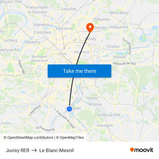 Juvisy RER to Le Blanc-Mesnil map
