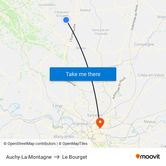 Auchy-La-Montagne to Le Bourget map