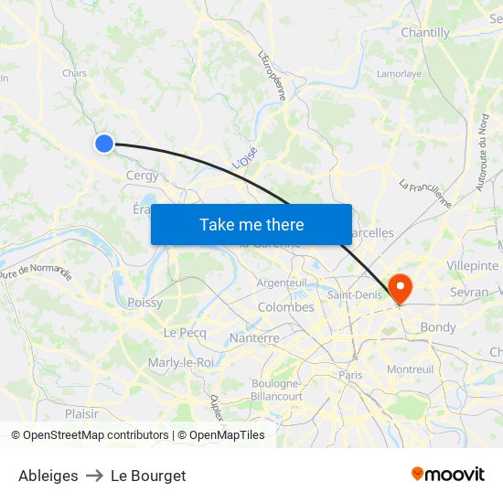 Ableiges to Le Bourget map