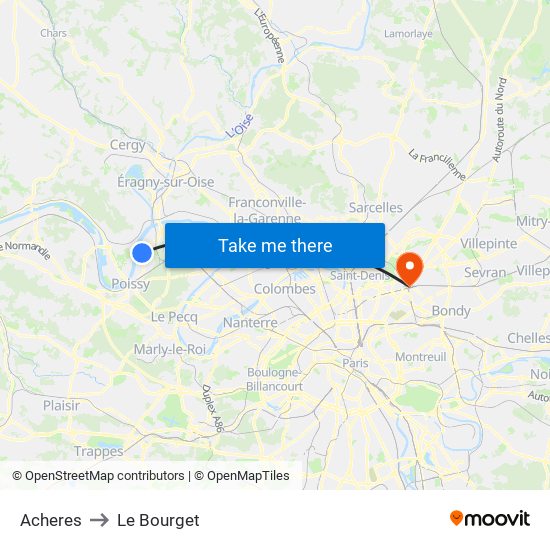 Acheres to Le Bourget map