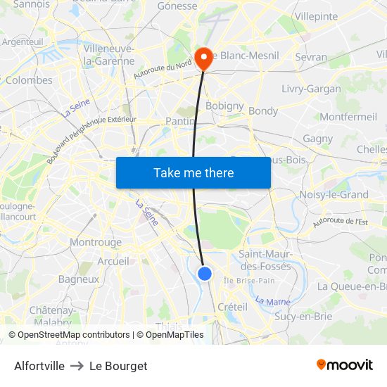Alfortville to Le Bourget map