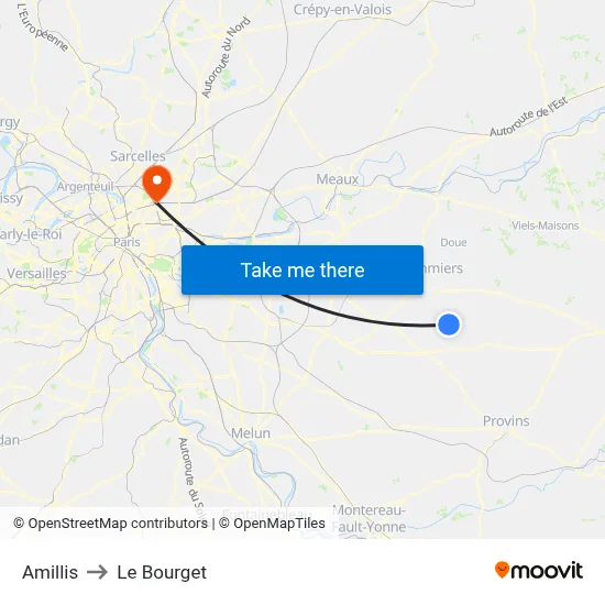 Amillis to Le Bourget map