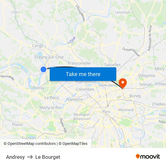 Andresy to Le Bourget map