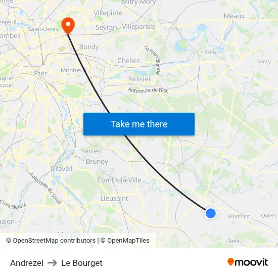 Andrezel to Le Bourget map