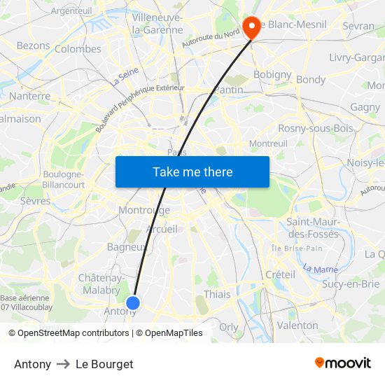 Antony to Le Bourget map