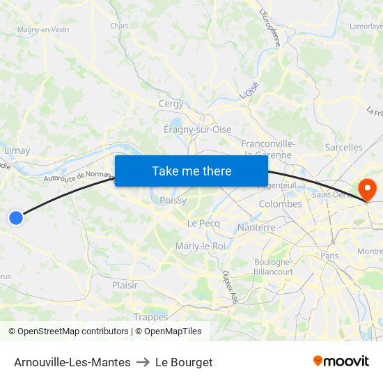 Arnouville-Les-Mantes to Le Bourget map