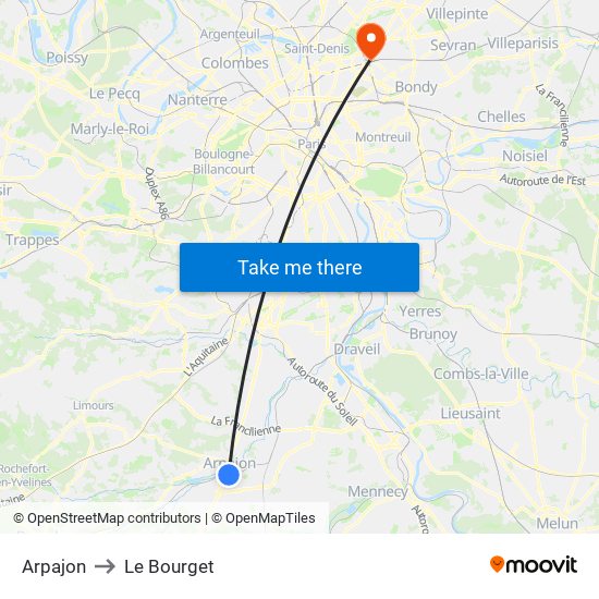 Arpajon to Le Bourget map