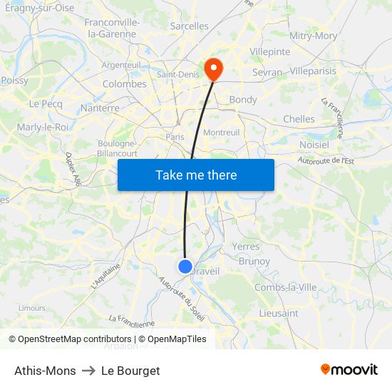 Athis-Mons to Le Bourget map