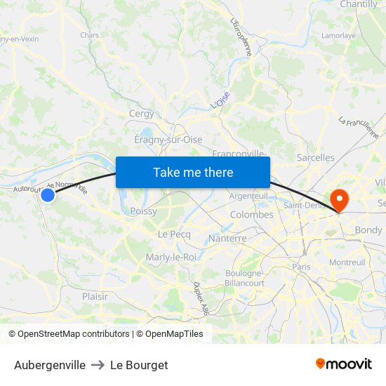 Aubergenville to Le Bourget map