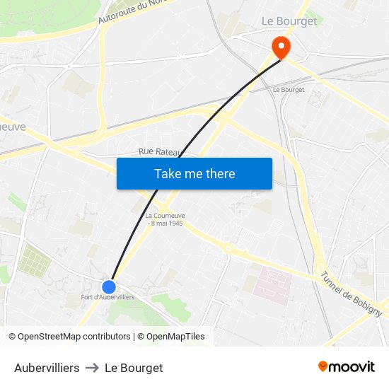 Aubervilliers to Le Bourget map