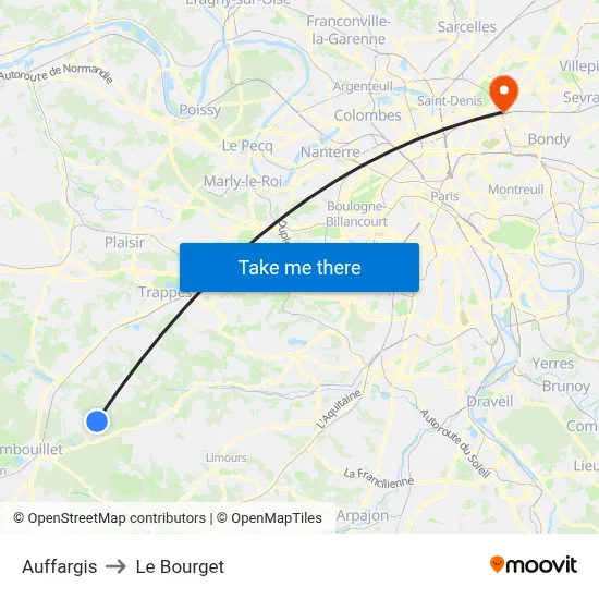 Auffargis to Le Bourget map
