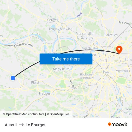 Auteuil to Le Bourget map