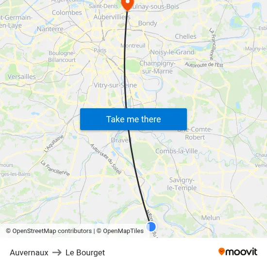 Auvernaux to Le Bourget map