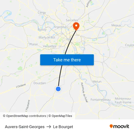 Auvers-Saint-Georges to Le Bourget map