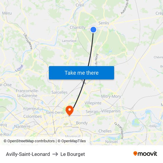 Avilly-Saint-Leonard to Le Bourget map