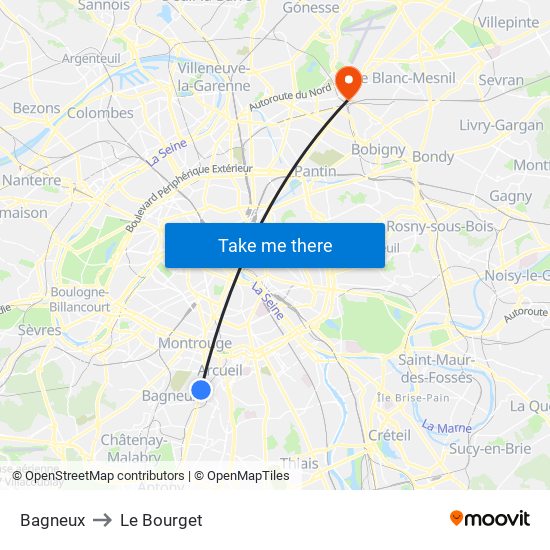 Bagneux to Le Bourget map