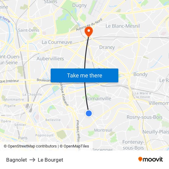 Bagnolet to Le Bourget map