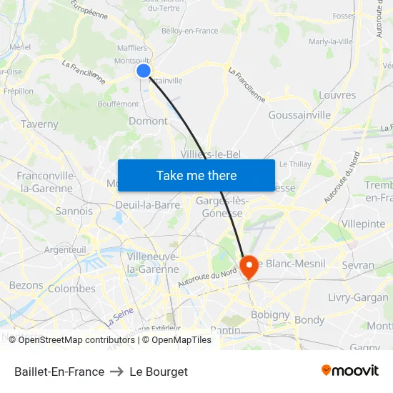 Baillet-En-France to Le Bourget map
