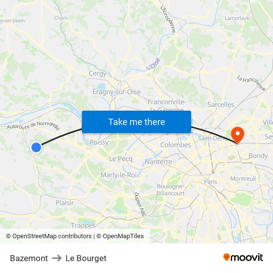 Bazemont to Le Bourget map