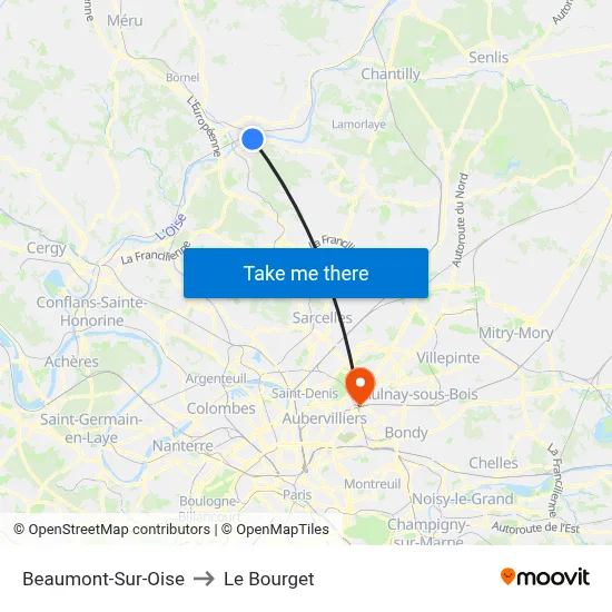 Beaumont-Sur-Oise to Le Bourget map
