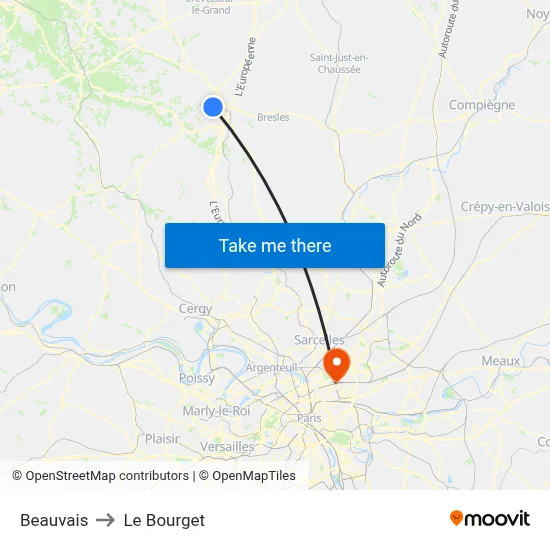 Beauvais to Le Bourget map