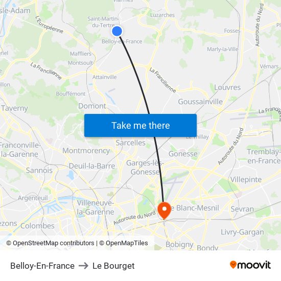 Belloy-En-France to Le Bourget map