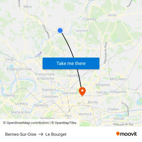 Bernes-Sur-Oise to Le Bourget map