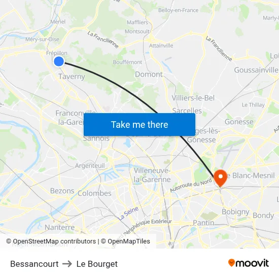 Bessancourt to Le Bourget map