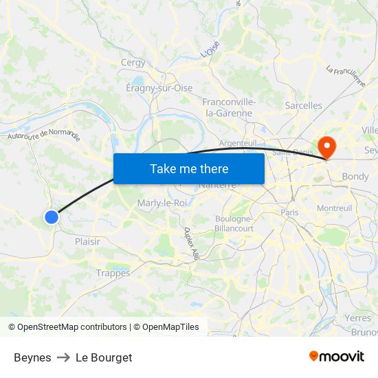Beynes to Le Bourget map