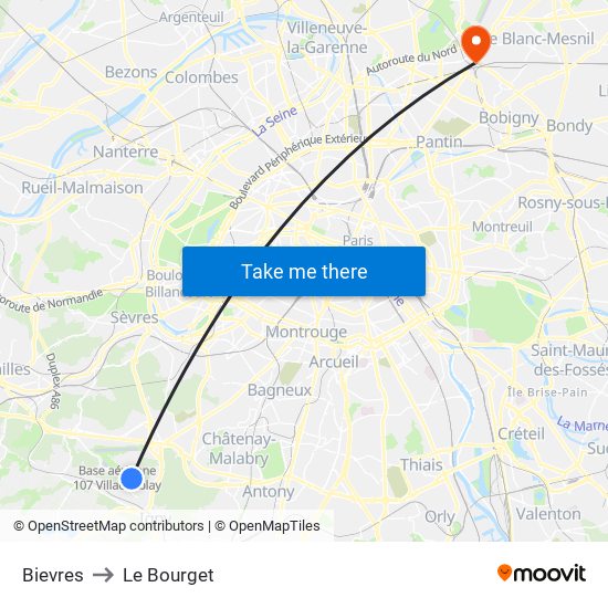 Bievres to Le Bourget map
