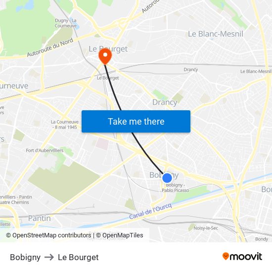 Bobigny to Le Bourget map