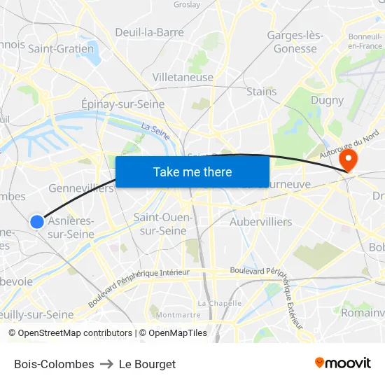 Bois-Colombes to Le Bourget map