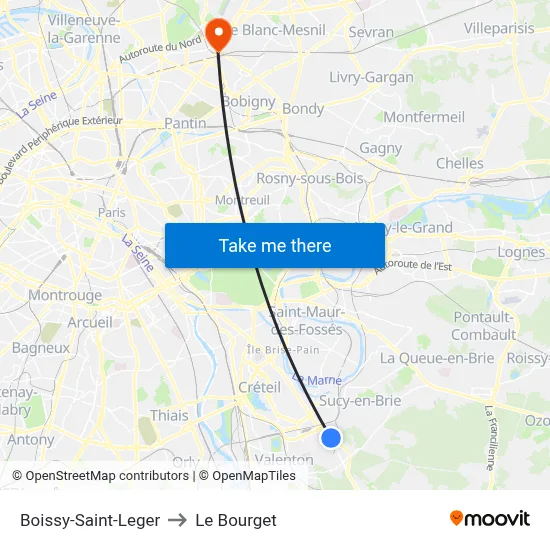 Boissy-Saint-Leger to Le Bourget map