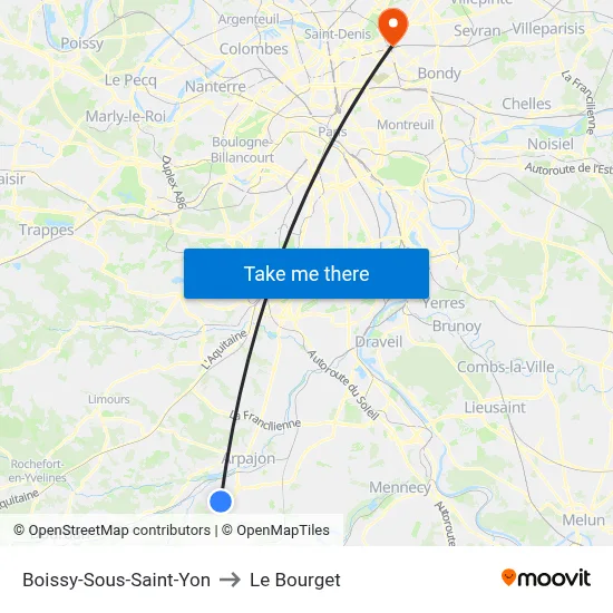Boissy-Sous-Saint-Yon to Le Bourget map